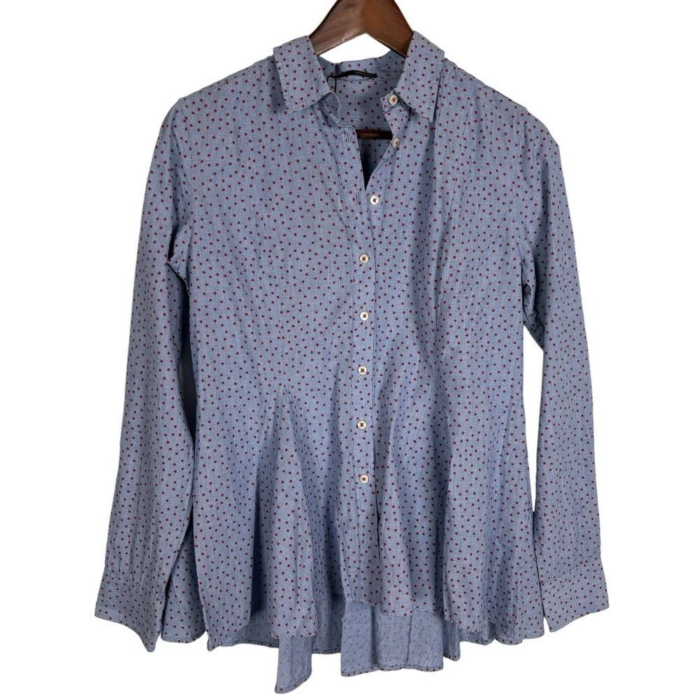 NWT Armand Basi Blue Red Star Button Down Flare Shirt Blouse Top Women 42